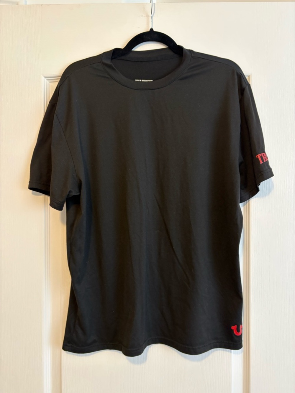 True Religion Black Short Sleeve Tee with Red Logo Accents